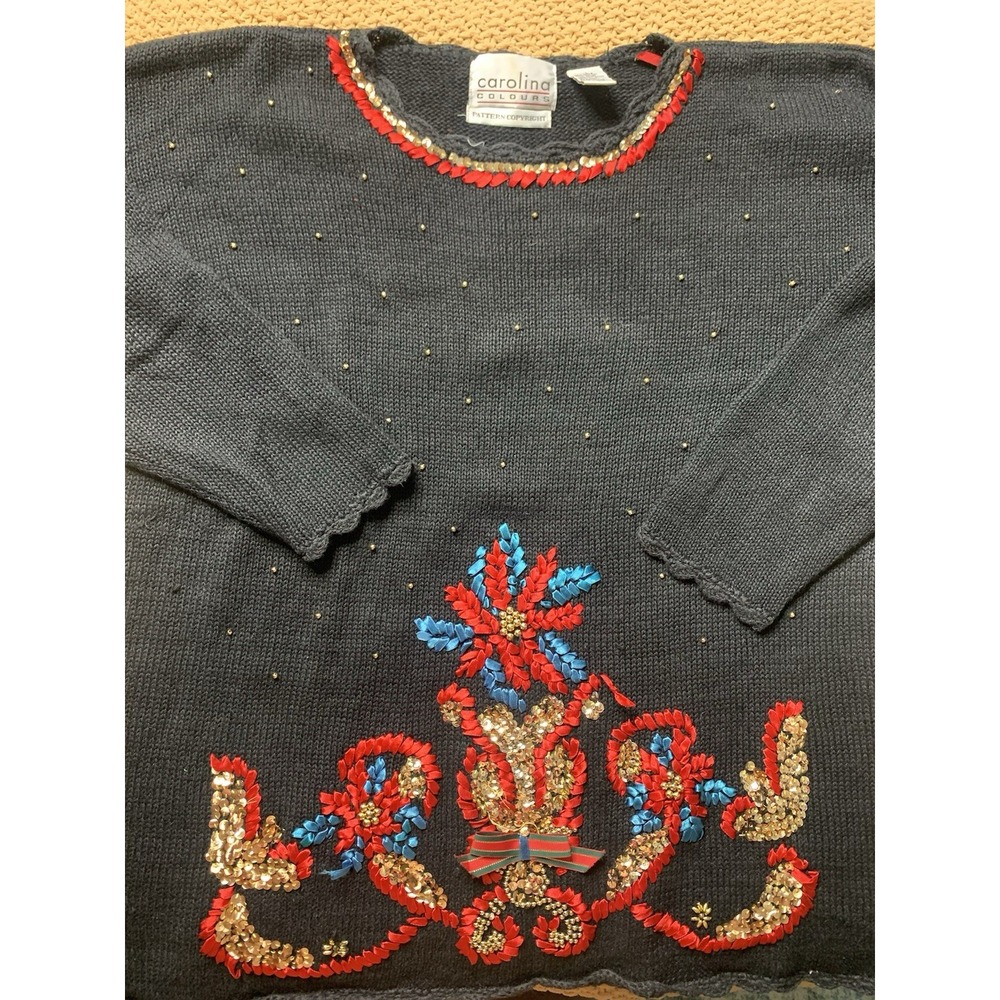 Women's L Carolina Colours Vintage unique‎ Ugly  Christmas Beaded Ribbon Sweater